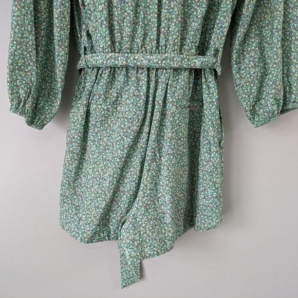 FRNCH Romper Women's Large Green Floral Talia Sage Tie Waist Puff Sleeve - Picture 5 of 10